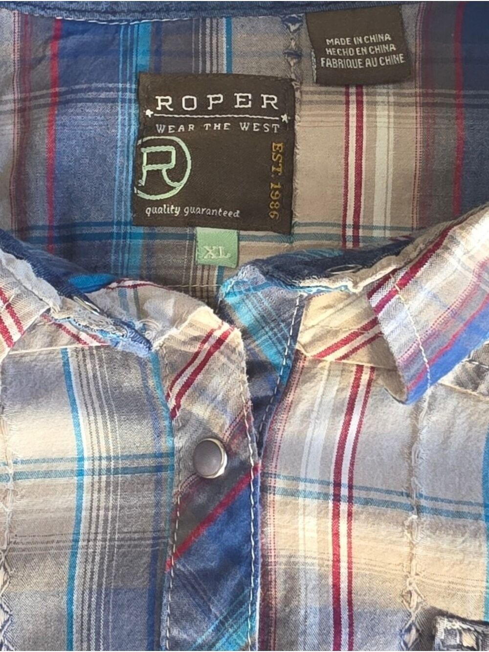 Roper XL Blue Red Plaid Pearl Snap Western Shirt Rodeo Cowgirl 100% Cotton - Picture 6 of 9